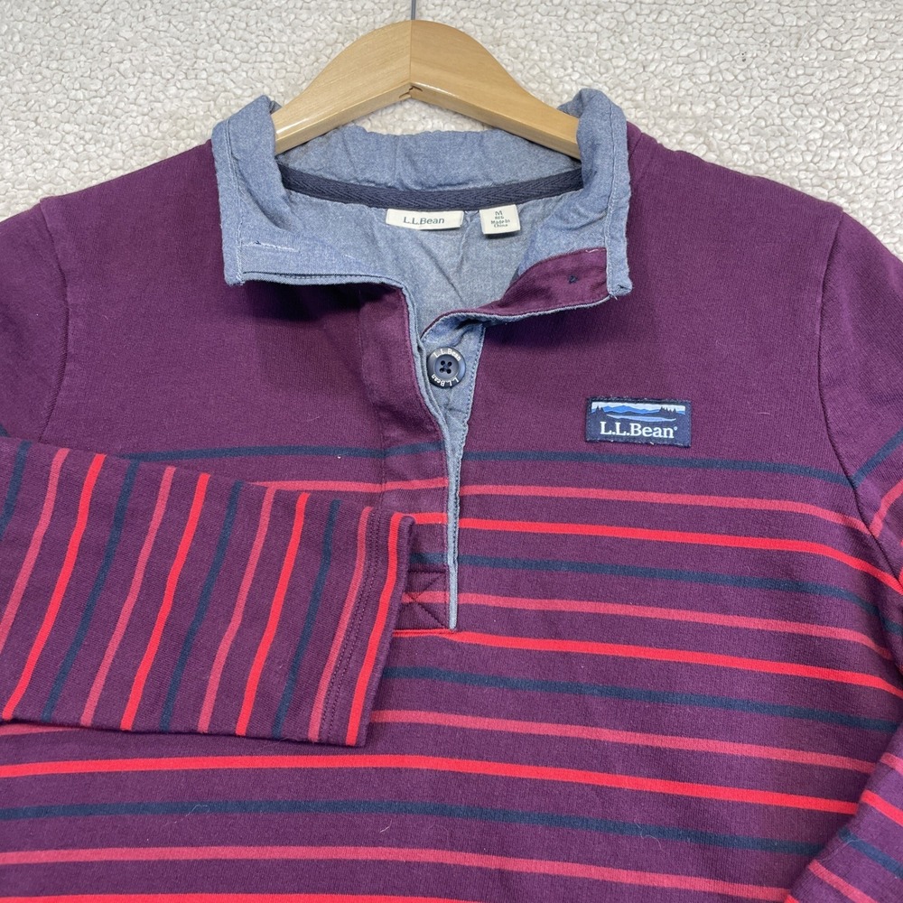 L.L.Bean Pullover Womens‎ M Burgundy Striped Rugby Shirt Chambray Collar Logo